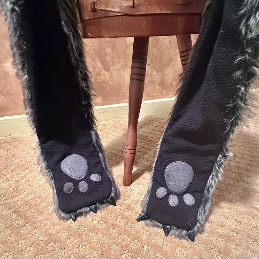 Furry Animal Hood with Scarf - Black and Gray - Pockets too! - Picture 3 of 7